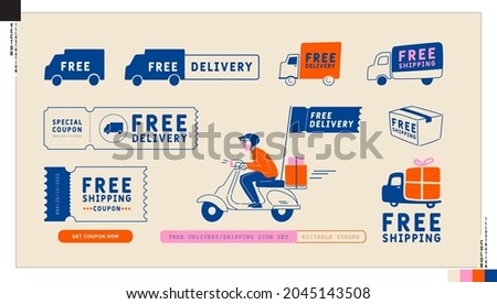 Set of free delivery, free shipping icons. Truck, scooter, parcel and coupon illustration in cartoon style.