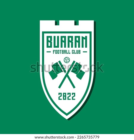 Football or soccer logo template vector with shield and fortress symbol with two flags and ball icon in green color