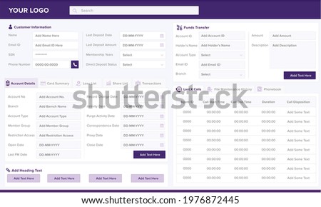 Banking, finance, credit union dashboard UI, clean and simple app interface. Dashboard user admin panel template for contact center agents and supervisors. Telecom sector. Vector template.