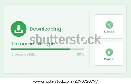 File downloading window showing file download icon with cancel and pause buttons in green color for web interfaces, popups, dialog flows, website window, webpage, product development, and design.