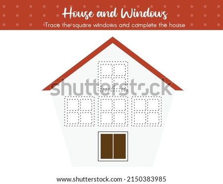 Preschool worksheet for early years learners for practicing fine motor, writing skills. Trace the lines to complete the house. Handwriting training practice sheet for kindergarten. Home and windows.