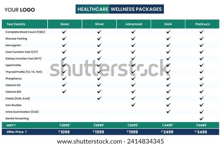 Pricing table, chart, design with subscription plans template for website, presentation, applications element. Healthcare business comparison plan chart. Modern looking flat style infographic design.