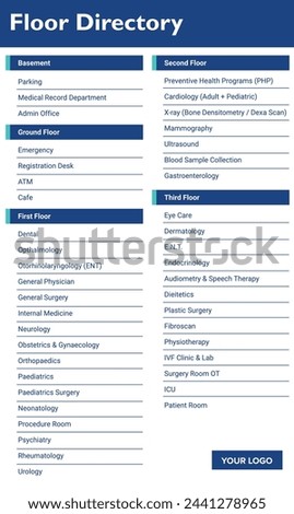 Hospital floor directory for healthcare industry. Can be used for Signboard, digital standee, flyer, billboard for hospitals, clinics.