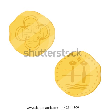 Two sides of old, antique golden coin isolated on white background. Spanish golden coin escudo