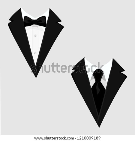 Men's jackets. Tuxedo. Wedding suits with bow tie and with necktie. Vector illustration