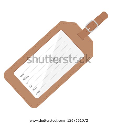 Brown leather luggage tag with name, address, city, state, phone fields. Luggage label with strap vector illustration. Travel tag