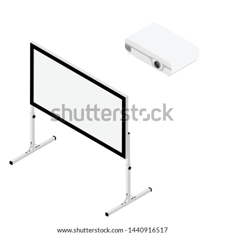 Projector and screen isometric view. Realistic video projector and white empty screen