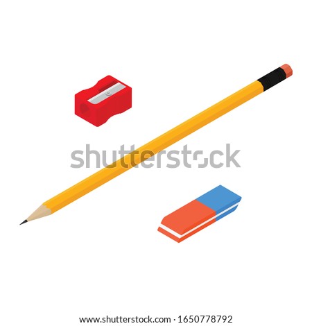 Vector illustration yellow lead pencil, blue eraser and red sharpener isolated on white background isometric view.