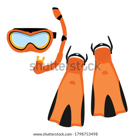 Orange diving maks, diving tube, swimming equipment, flippers