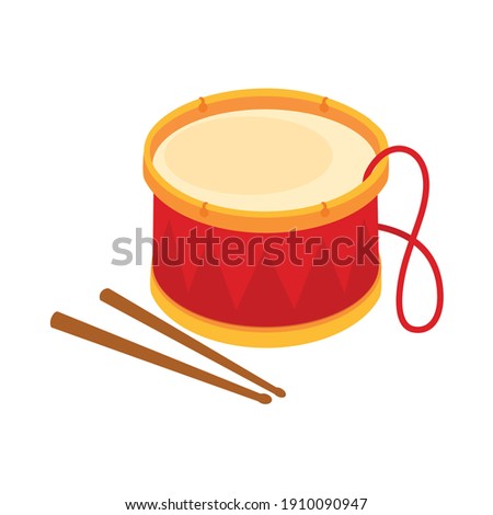 Red drum and wooden drum sticks. Musical instrument, drum machine. Vector illustration isolated on white background.