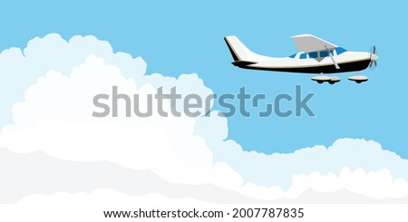Small single engine airplane cessna flying in blue sky with clouds. Vector