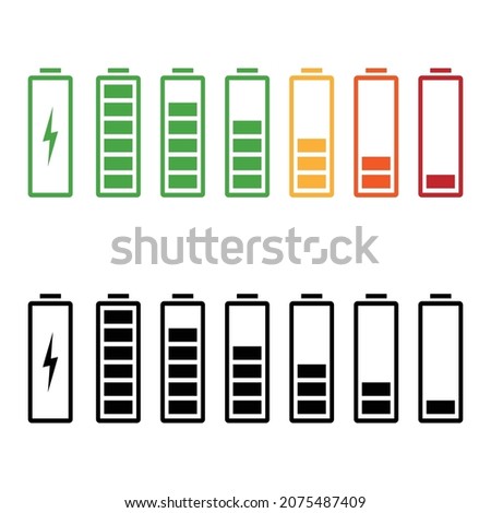 Battery charging, charge indicator. Vector icon set level Battery Energy powerfully full. Power running low up. Status batteries logo. Charge level empty loading bar. Gadgets alkaline tags