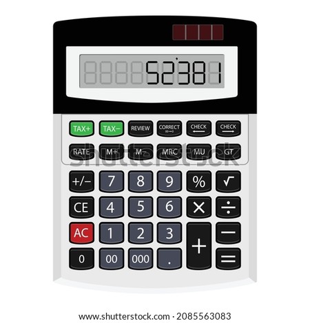 Black and silver digital calculator on the top view white background.Vector