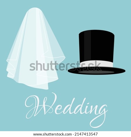White bride veil and groom black cylinder, wedding couple, wedding invitation Photo stock © 