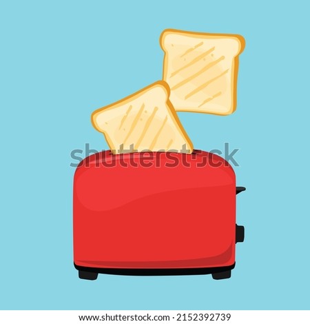 Red toaster with toasted bread for breakfast inside isolated on blue background. Roasted toast. Vector