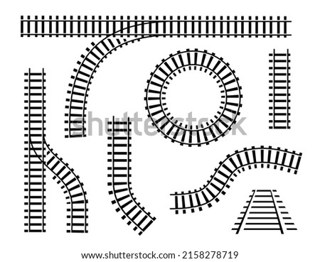 Curved railroad isolated on white background. Straight tracks art design. Own railway siding. Transportation rail road. Abstract concept graphic element