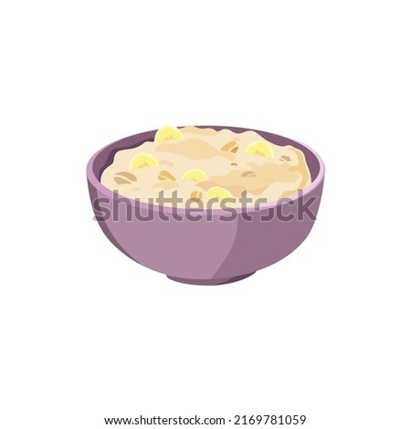 Oatmeal porridge or rice with banana in ceramic bowl. Delicious and healthy food for breakfast