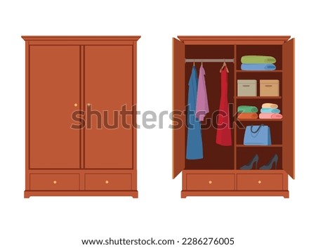 Closed and open wardrobe. Wardrobes with clothes and shoes, packaging boxes. Isolated wooden cupboard. Vector illustration