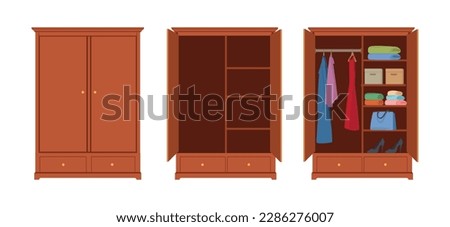 Closed and open wardrobe. Wardrobes with clothes and shoes, packaging boxes. Isolated wooden cupboard. Vector illustration