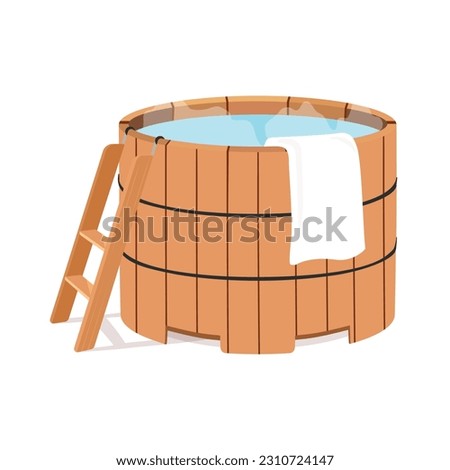 Wooden tub for bath. Wood tub with hot water rustic bath basin for wash sauna spa bathroom. Bathhouse  bathtube. Wellness spa procedures in wooden water barrel