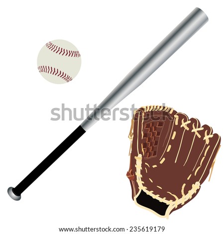 Baseball glove, baseball bat, baseball ball, sport equipment