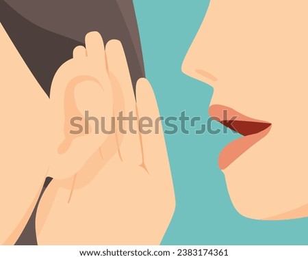 Woman holds her hand near her ear. Deafness concept. Listening or hearing and speaking. People talking. Vector illustration.
