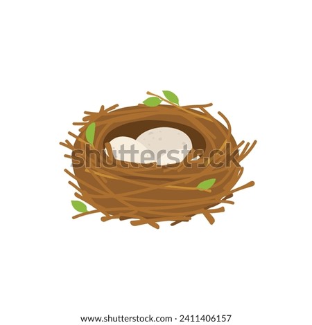 Bird nest with three eggs inside isolated on white background. Vector illustration