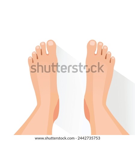 Female bare feet stand on the floor top view isolated on white background. Vector illustration