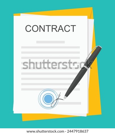 Signed business contract agreement on desk. Contract with pen icon. Vector illustration