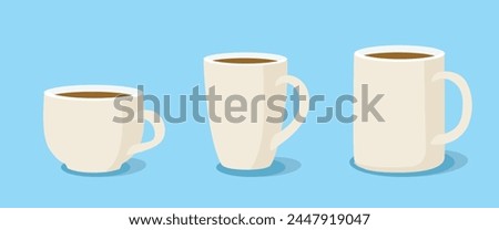 Collection of variuous white coffee, tea mugs isolated on background. Vector illustration