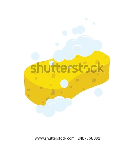 Yellow cleaning sponge with soap bubbles for washing and bathing isolated on white background. Vector illustration