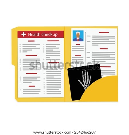 Health check up report. Folder with medical documents and x-ray. Vector illustration