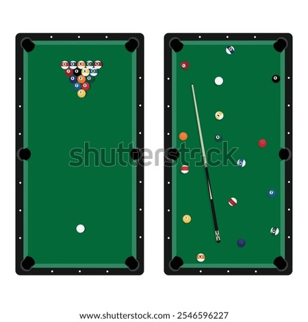 Billiard table, pool stick and billiard balls for game top view isolated on white background. Championship sports game. Vector