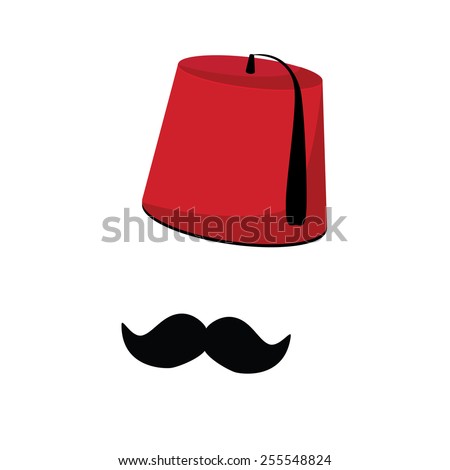 Red turkish hat fez and black mustache vector isolated, turkish symbols