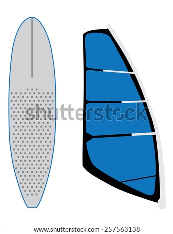 Blue windsurf sail and surfing board vector set isolated, extreme sport, water sport
