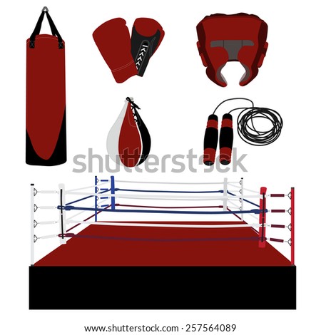 Vector boxing icon set- boxing ring, gloves, helmet, jumping rope, punching bag, speed bag
