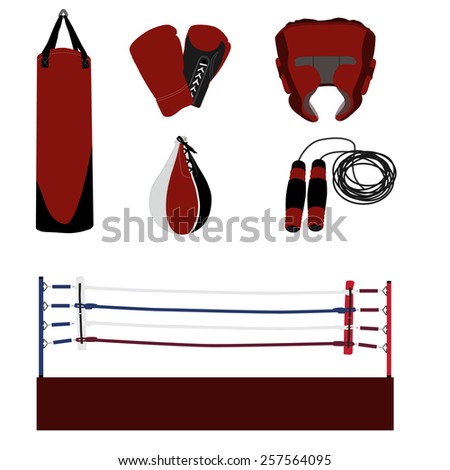 Vector boxing icon set- boxing ring, gloves, helmet, jumping rope, punching bag, speed bag