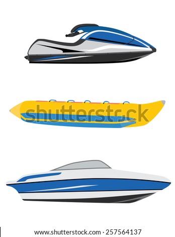 Water transport banana boat, luxury boat and water scooter, jet ski vector icon set isolated , water sport