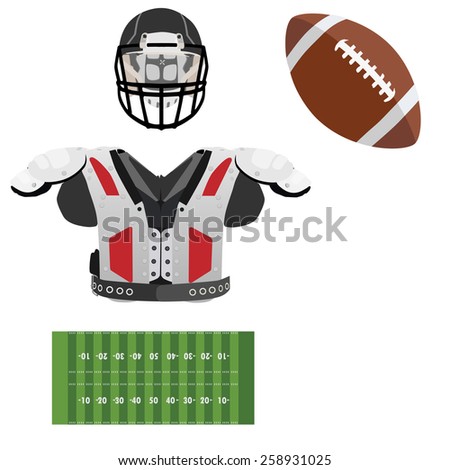 American football helmet, brown leather ball, field green grass and armour vector icon set,sport equipment, national sport