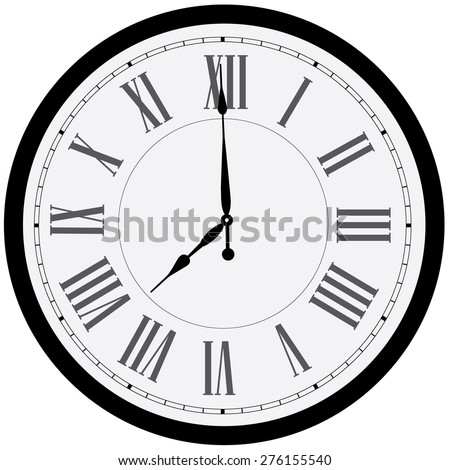 Black wall clock vector isolated. Clock on wall shows eight o'clock. Roman numeral clock