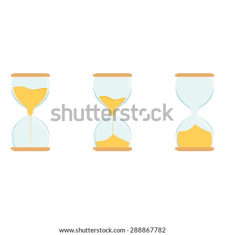 Three hourglass vector icon set. Sand watch. Sand glass. Empty, full hourglass