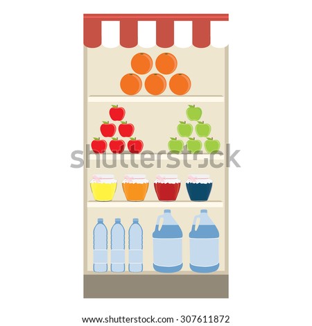 Vector illustration of supermarket. Grocery shelf. Shelf with food and drink. Grocery store. Grocery shopping.