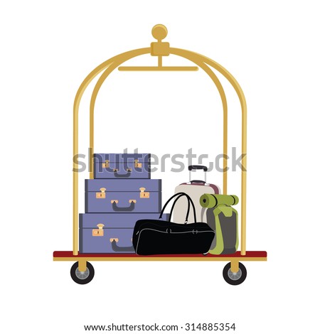 Vector illustration of hotel luggage cart with luggage, briefcase, backpack and bag. Luggage trolley