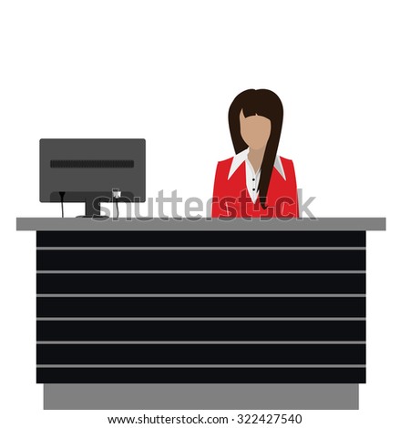 Vector illustration happy female receptionist standing at hotel. Professional concierge at hotel reception desk