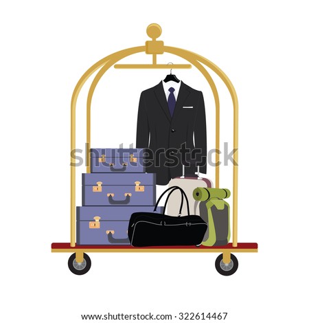 Vector illustration of hotel luggage cart with luggage, briefcase, backpack, bag and man black business suit with tie. Luggage trolley