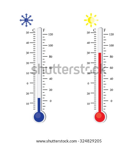 Thermometer icon. Vector. Celsius and Fahrenheit. measuring hot and cold temperature. Sun and snowflake winter and summer symbols