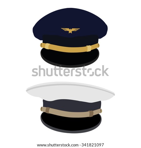 Vector illustration blue pilot cap with badge and white captain navy hat or cap. Uniform. Civil aviation and air transport. 
