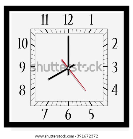 Vector illustration office square clock. Classic black and white  wall clock isolated on white. Clock on wall shows eight o'clock