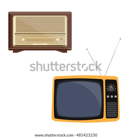 Vector illustration orange retro tv with antenna flat icon. Retro television. Old radio receiver of the last century. Retro vintage antique radio
