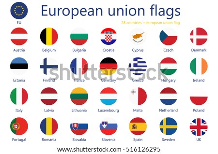 Vector illustration  set of european union flags with names. 29 flags+ eu flag. 